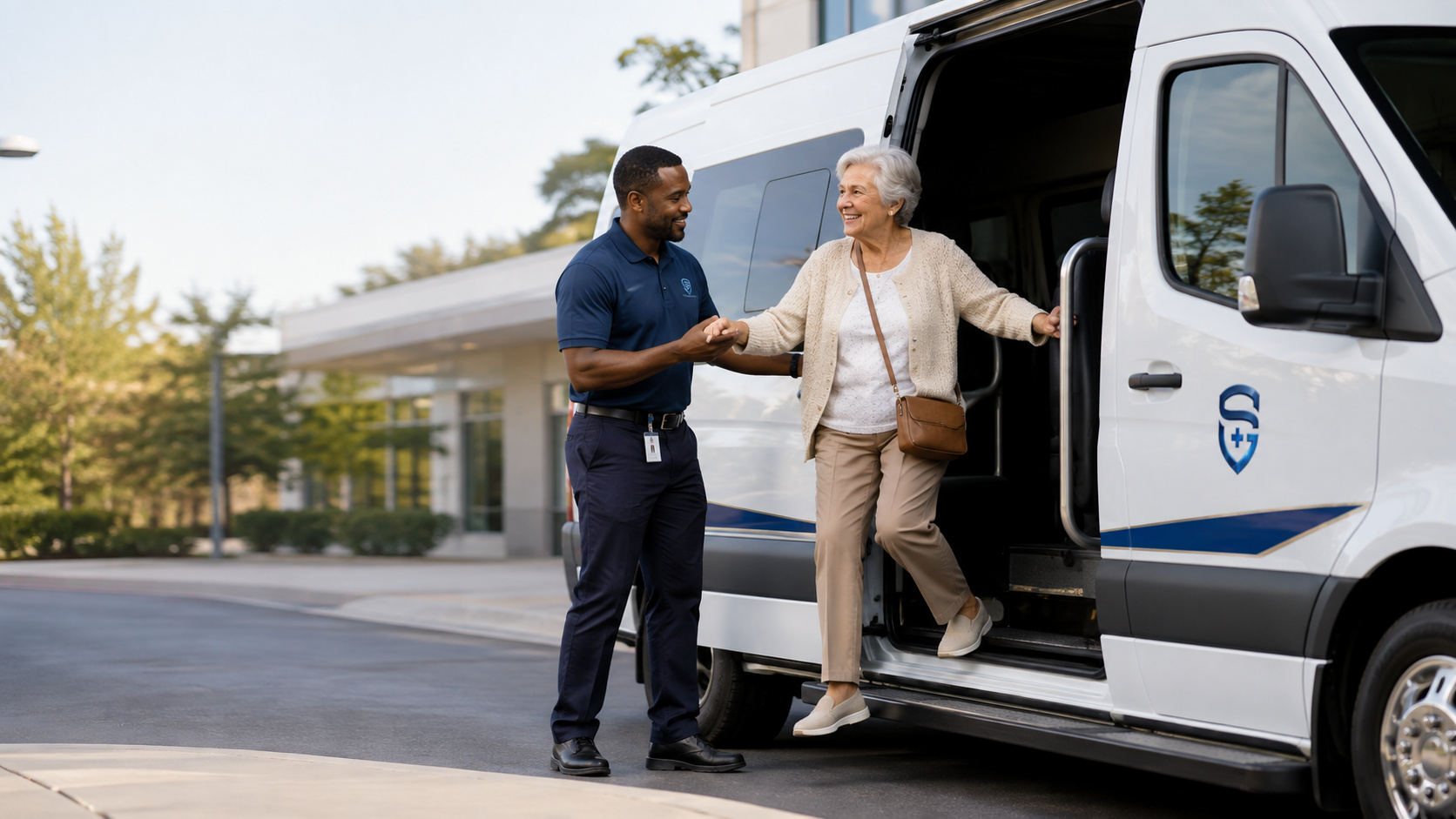 Concept SafeGuardian Ride branded NEMT vehicle assisting an older passenger